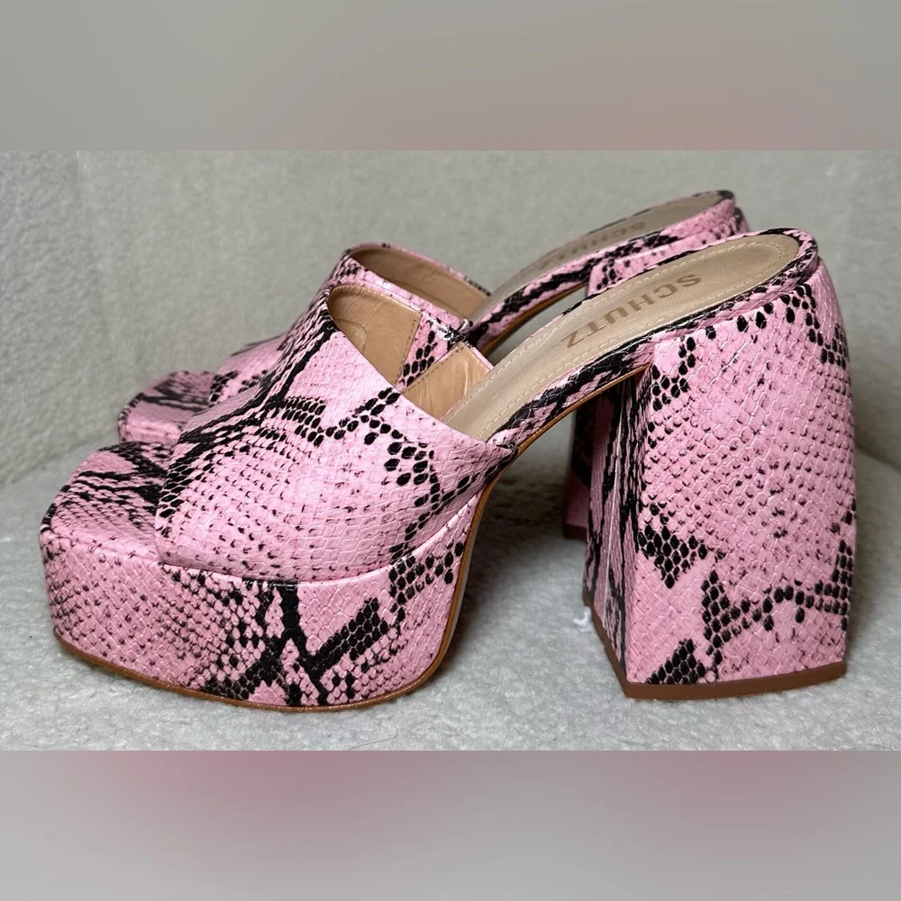 SCHUTZ Aretha snake print chunky stacked high heel platform pink black grey gray